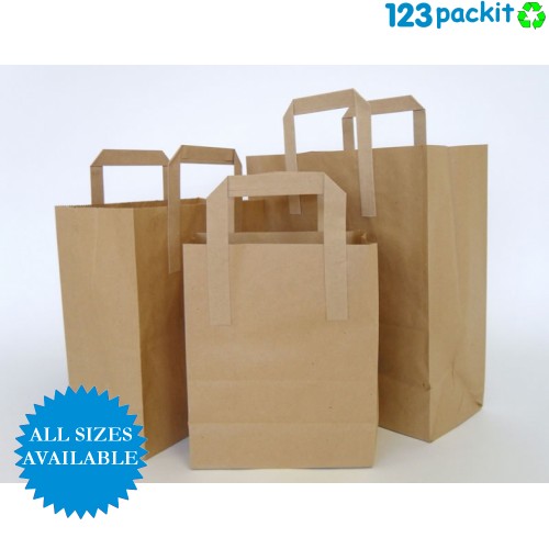 Paper Bags Brown Kraft SOS Carrier Bags Flat Handle All Sizes 